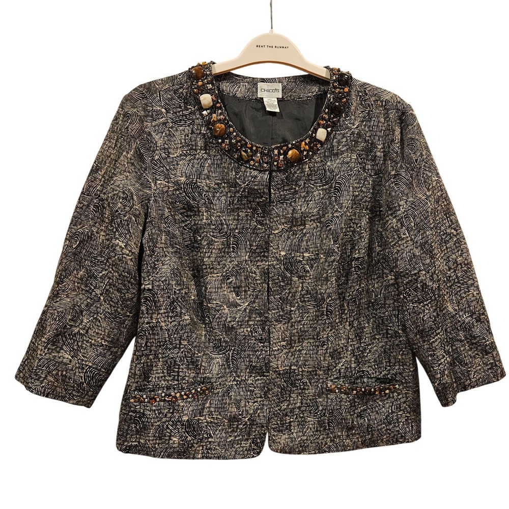 Chico's Embellished Silk‎ Beaded Collar Jacket Blazer Black Stones 3 Vintage Y2K